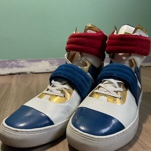Bold Red, Blue, and Gold High-Top Sneakers